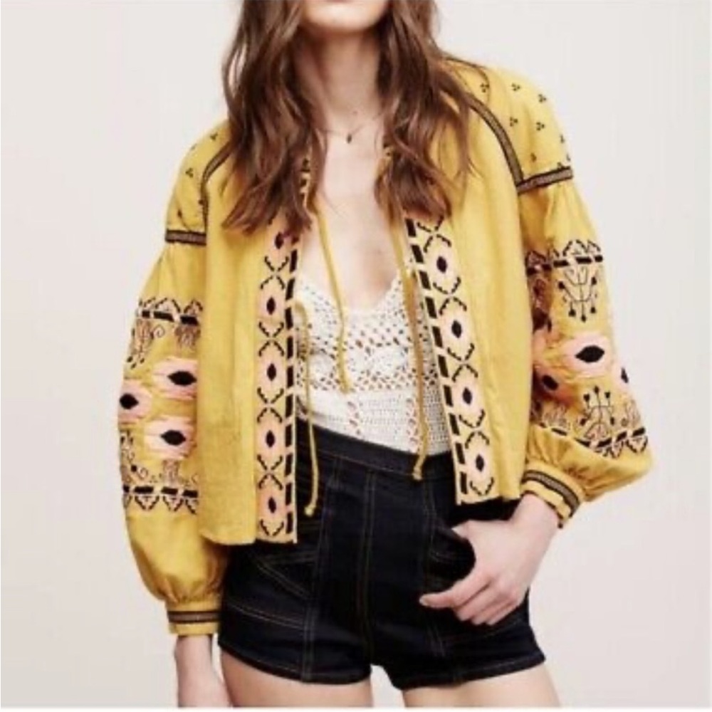Anthropologie Rd +Koko | Embroidered Puffed Sleeve Tie Closure Jacket